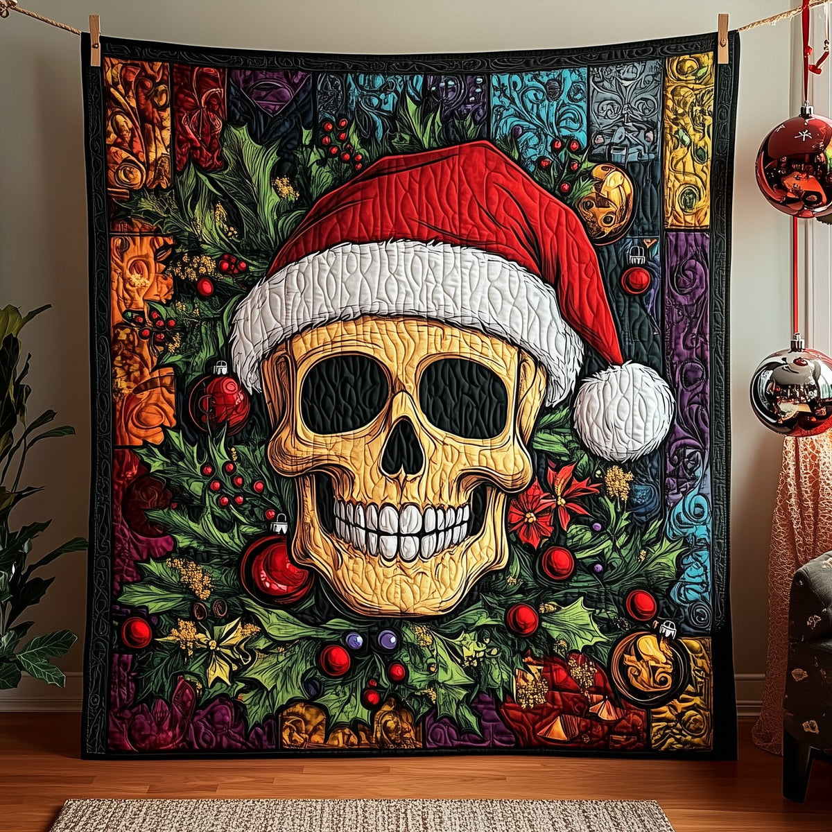 Festive Santa Skull Quilted Blanket printed blanket