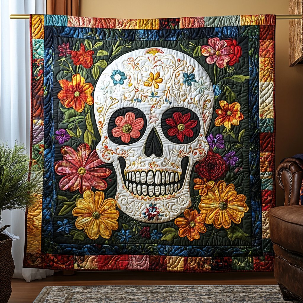 Festive Skull Flowers Quilted Blanket printed blanket