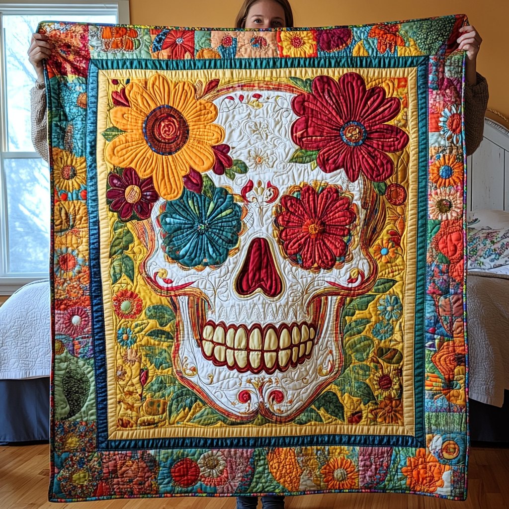 Festive Skull Flowers Quilted Blanket printed blanket