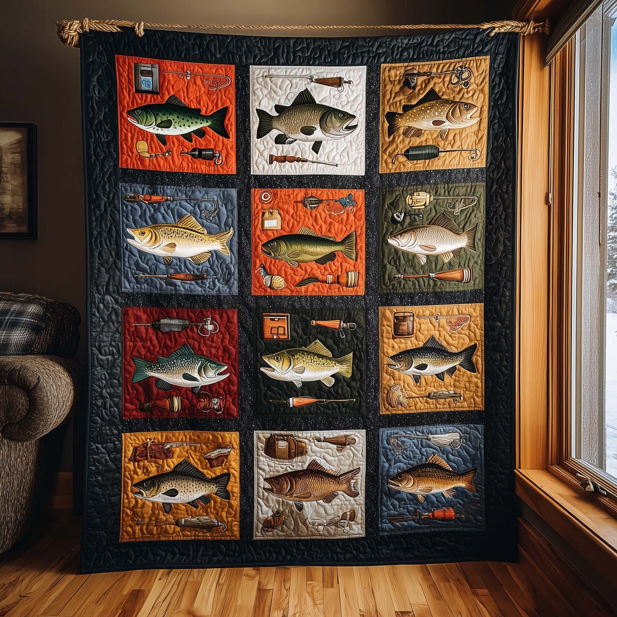 Fishing Patchwork Quilted Blanket printed blanket