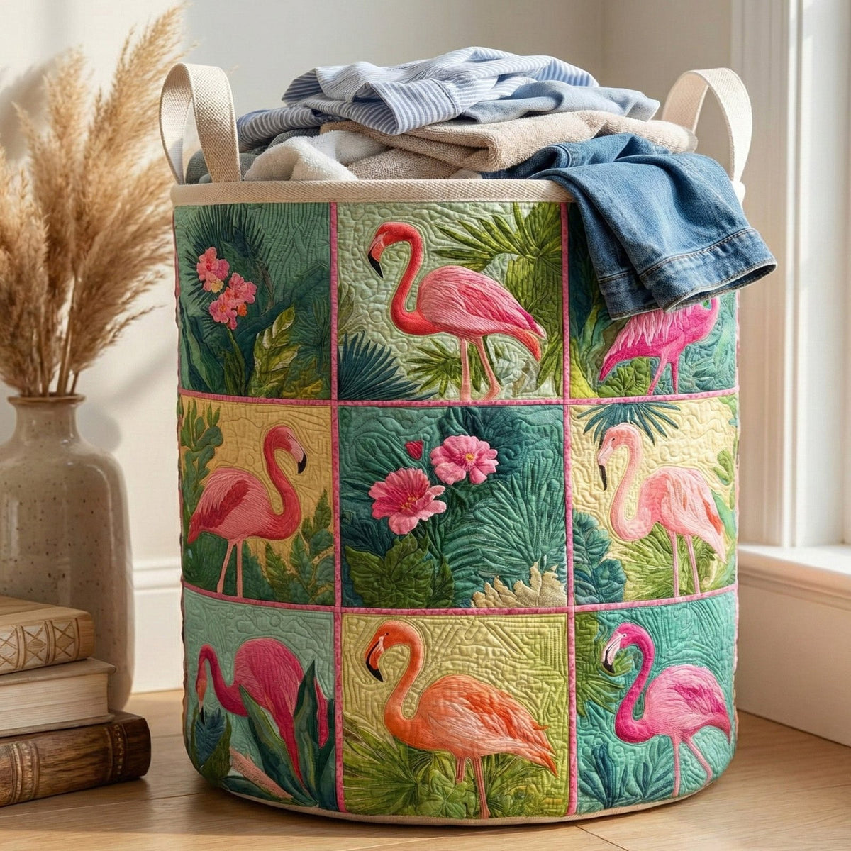 Flamingo Grid Seaside printed laundry hamper