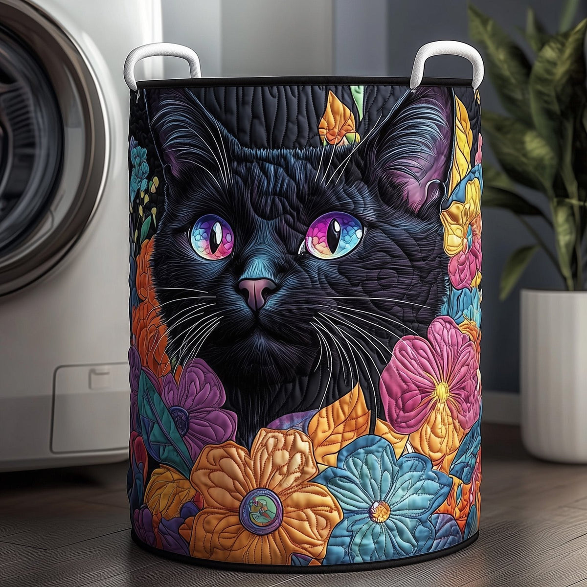 Floral Black Cat Quilted Laundry Hamper printed laundry hamper