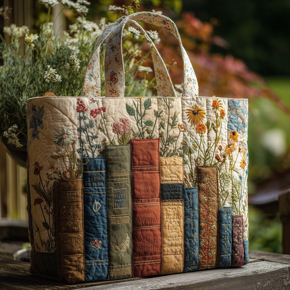 Floral Bookish Quilted Tote Bag printed tote bag