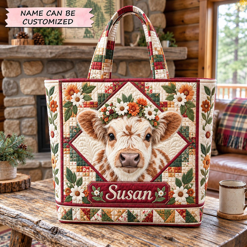 Floral Cow Charm Quilted Tote Bag QTCUZ printed tote bag