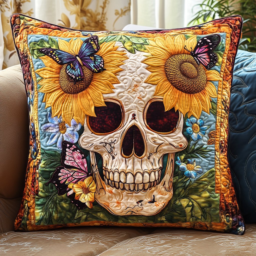 Floral Fiesta Skull Quilted Cushion Cover printed cushion cover