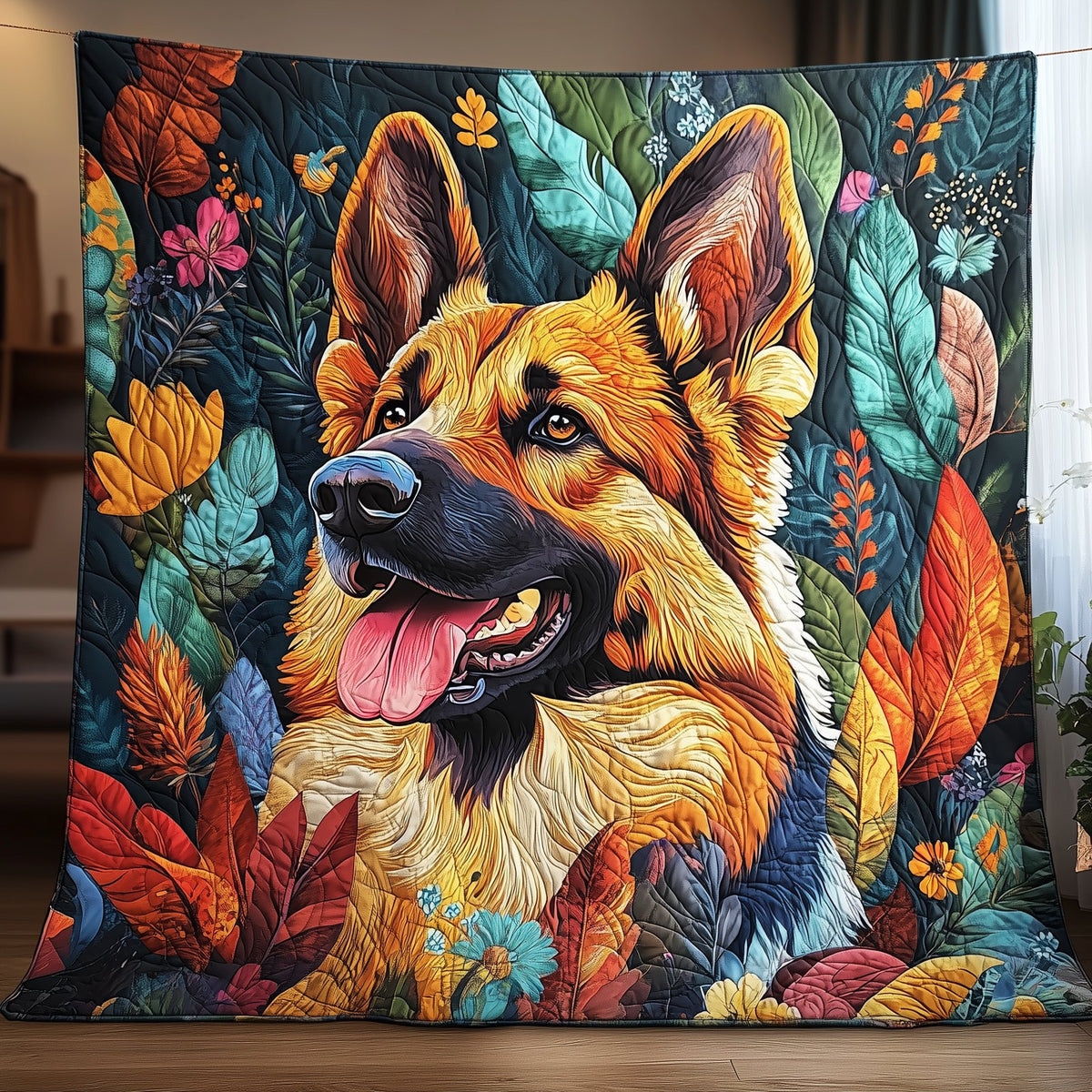 Floral German Shepherd Quilted Blanket printed blanket