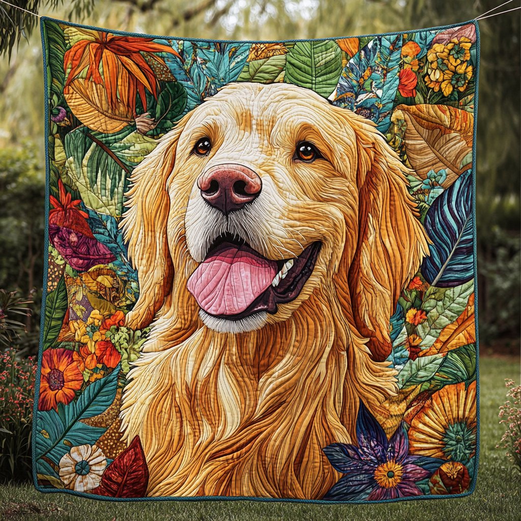 Floral Golden Retriever Quilted Blanket printed blanket