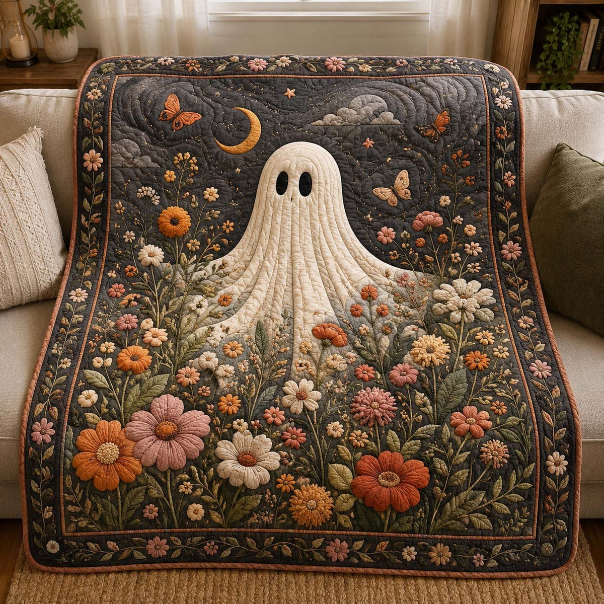 Floral Moon Ghost Quilted Blanket printed blanket