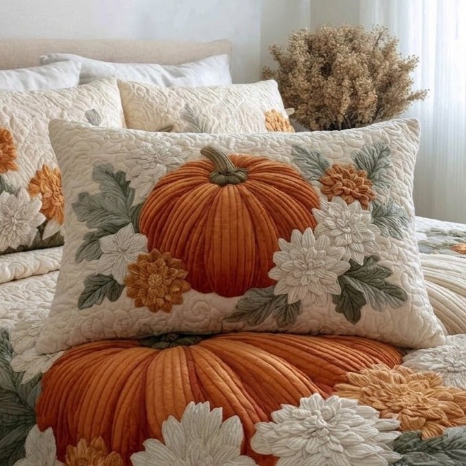 Floral Pumpkin Fields Quilted Bedding Pillow Case printed quilted cushion cover