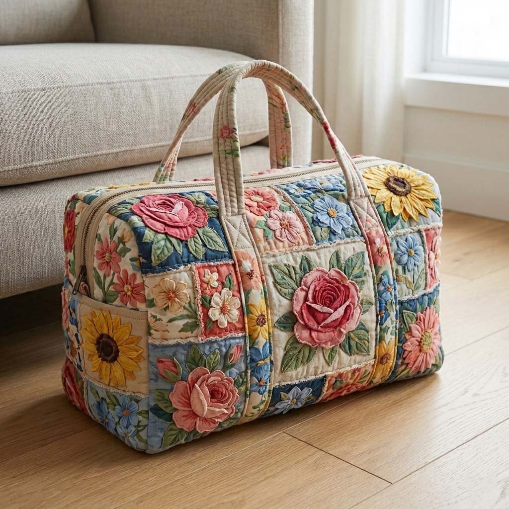 Floral Serenity Quilted Duffle Bag printed duffle bag