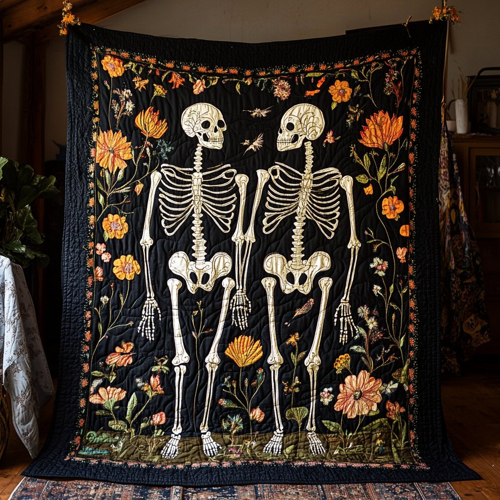 Floral Skeleton Halloween Quilted Blanket printed blanket