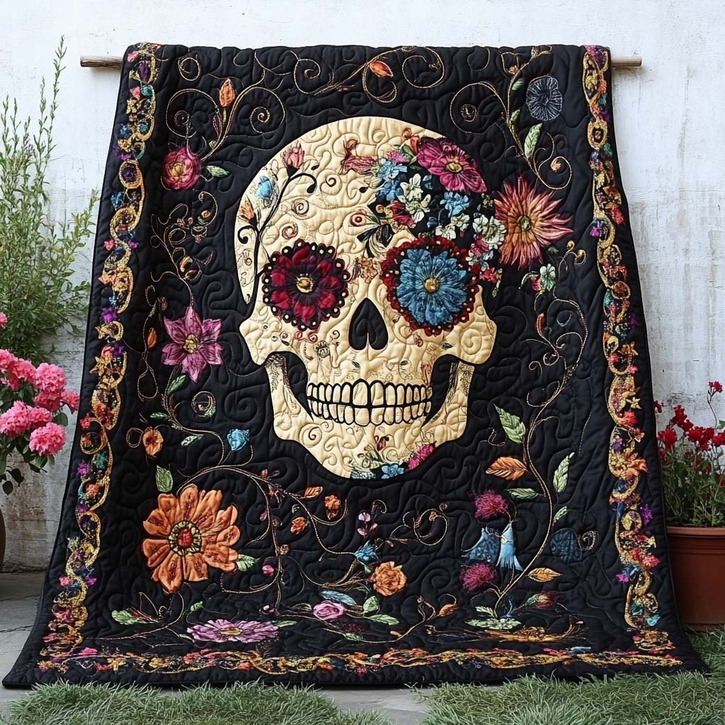 Floral Skull Charm Quilted Blanket printed blanket