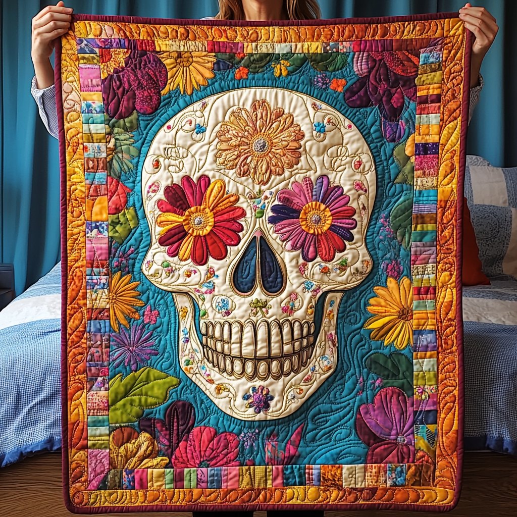Floral Skull Charm Quilted Blanket printed blanket
