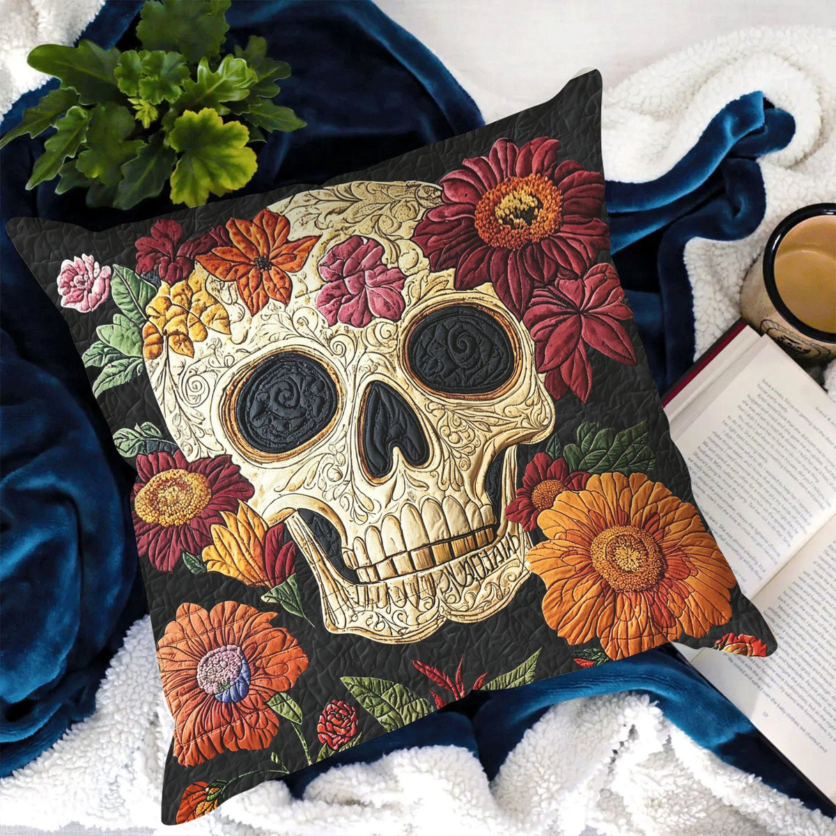 Floral Skull Charm Quilted Cushion Cover printed cushion cover