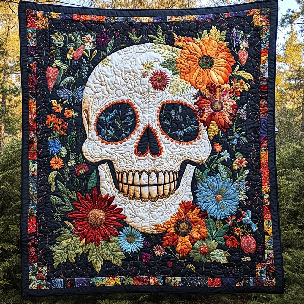 Floral Skull Love Quilted Blanket printed blanket