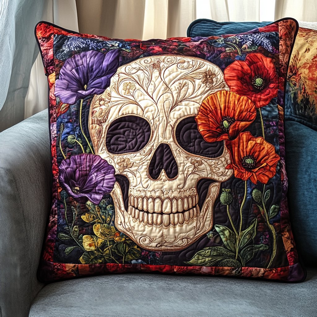 Floral Skull Love Quilted Cushion Cover printed cushion cover
