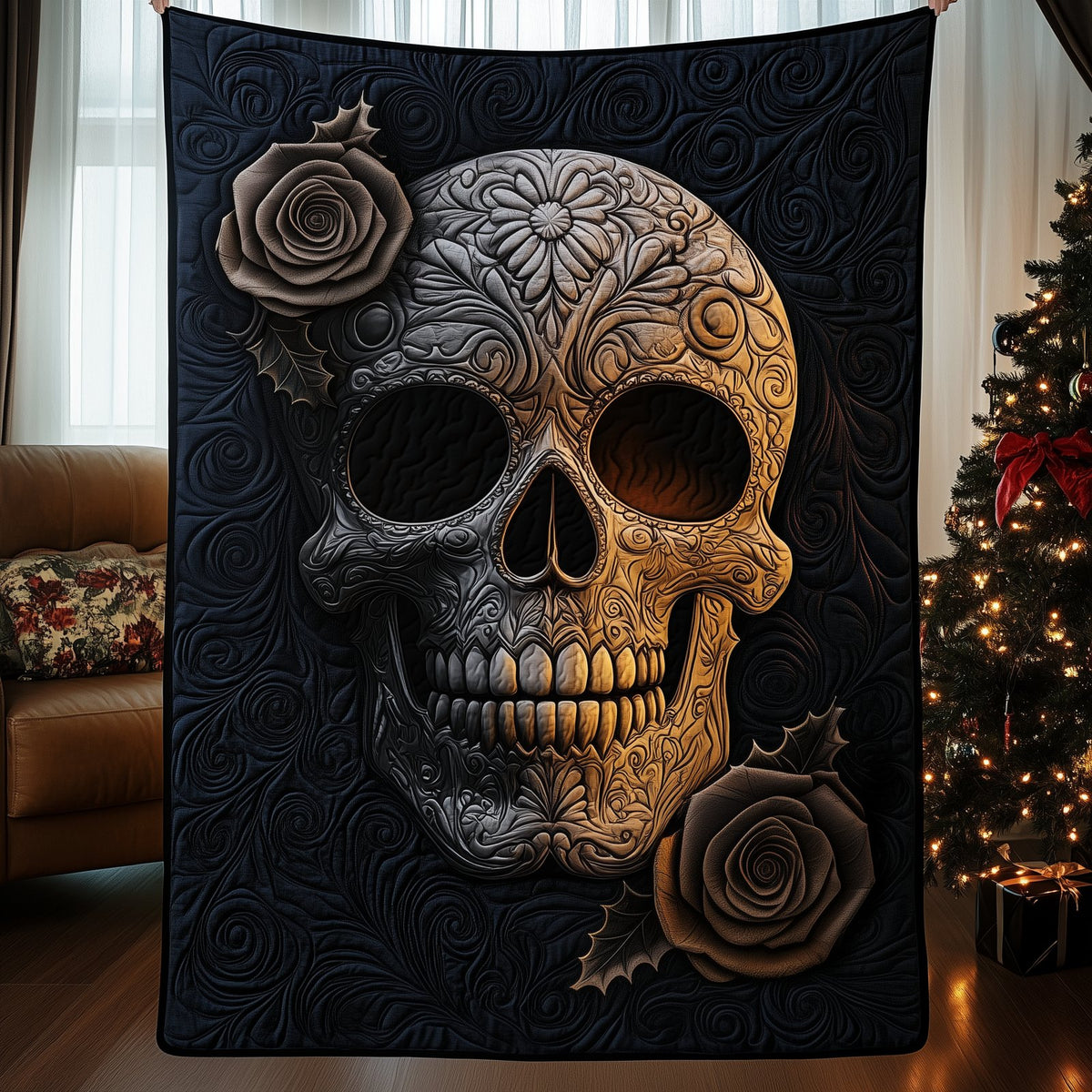 Floral Skull Quilted Blanket printed blanket
