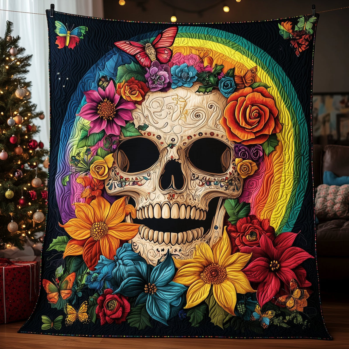 Floral Skull Quilted Blanket printed blanket