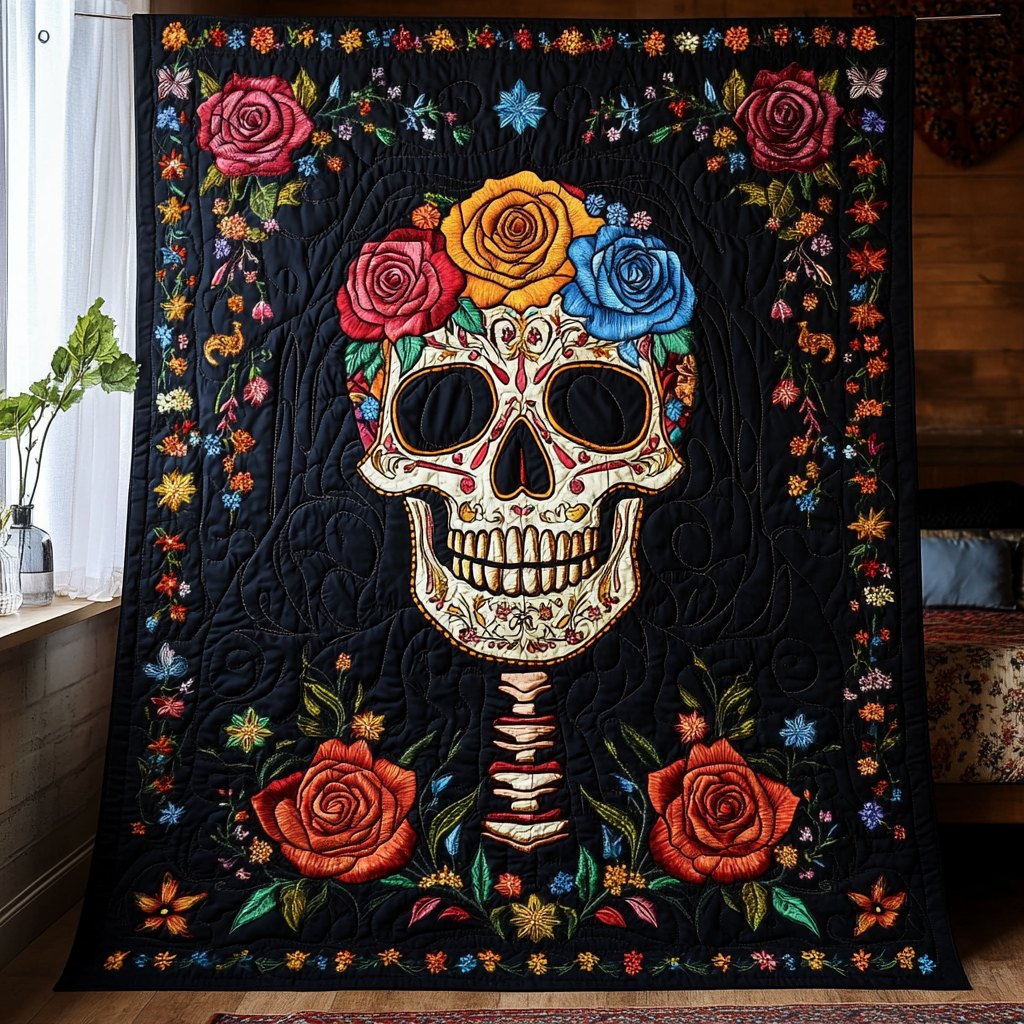 Floral Skull Quilted Blanket printed blanket