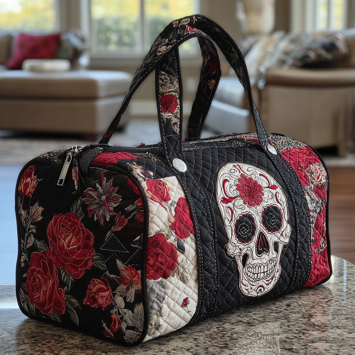 Floral Skull Quilted Duffle Bag printed duffle bag