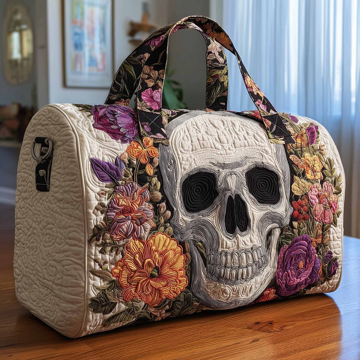 Floral Skull Quilted Duffle Bag printed duffle bag