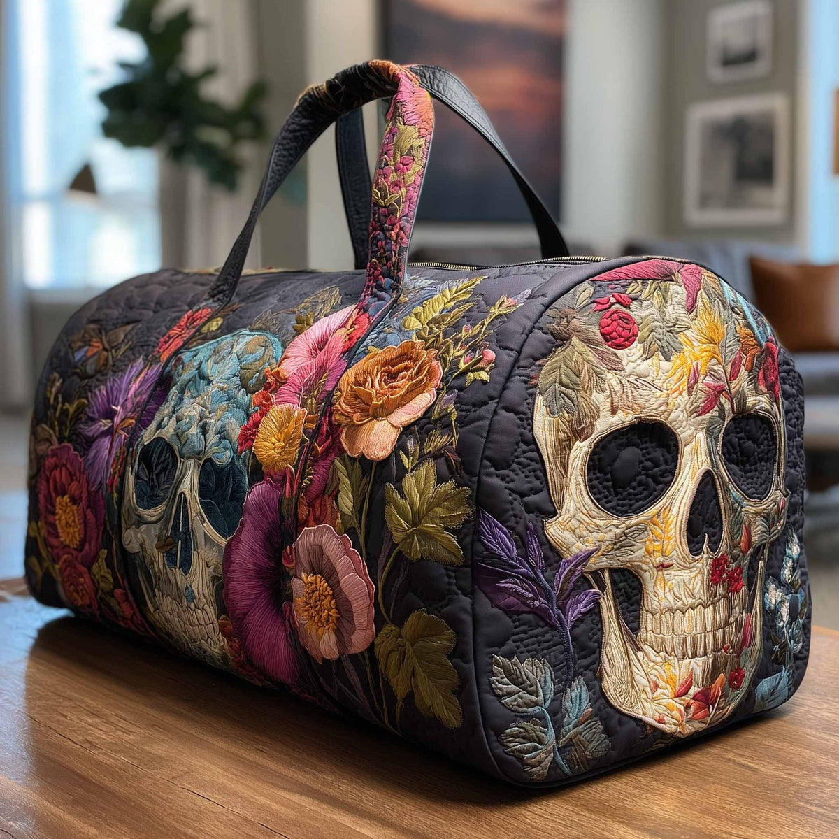 Floral Skull Quilted Duffle Bag printed duffle bag
