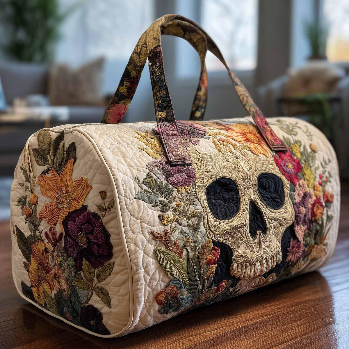 Floral Skull Quilted Duffle Bag printed duffle bag