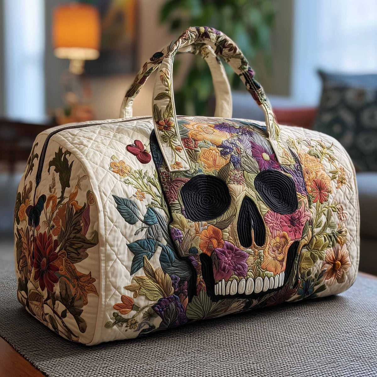 Floral Skull Quilted Duffle Bag printed duffle bag