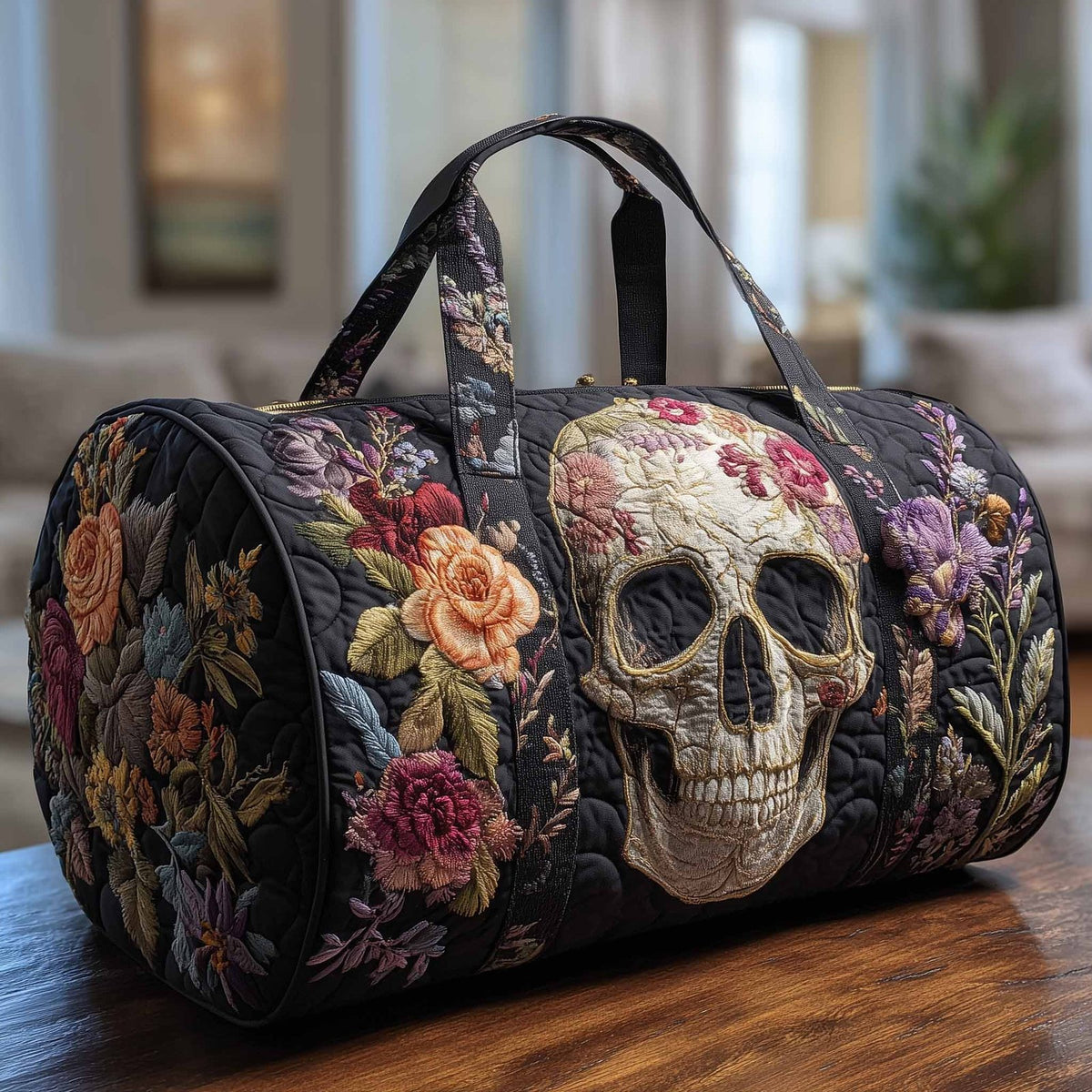 Floral Skull Quilted Duffle Bag printed duffle bag
