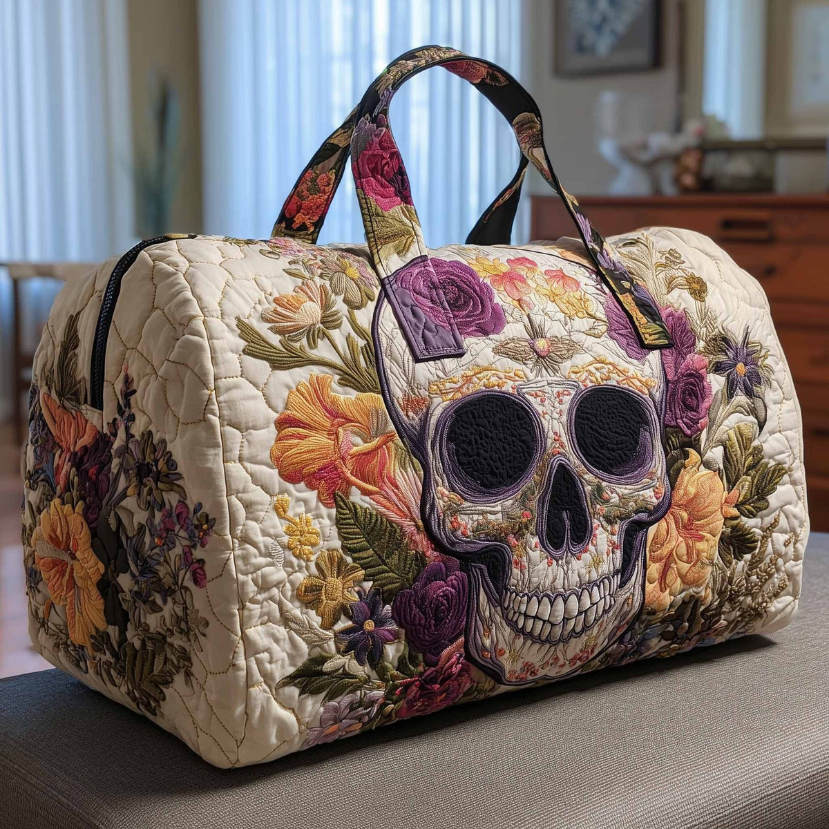 Floral Skull Quilted Duffle Bag printed duffle bag