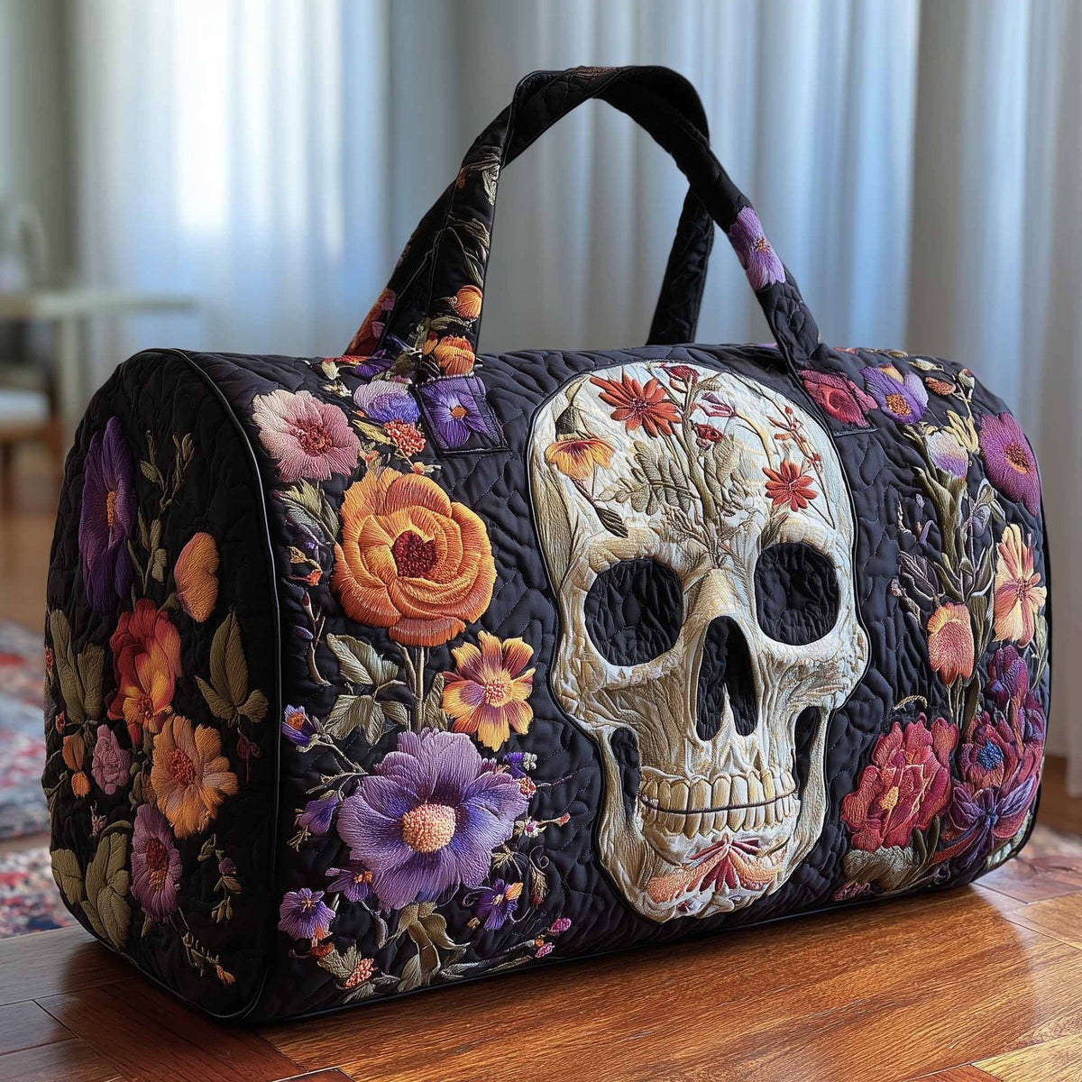 Floral Skull Quilted Duffle Bag printed duffle bag