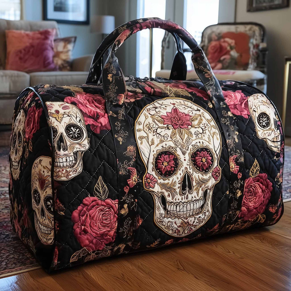 Floral Skull Quilted Duffle Bag printed duffle bag