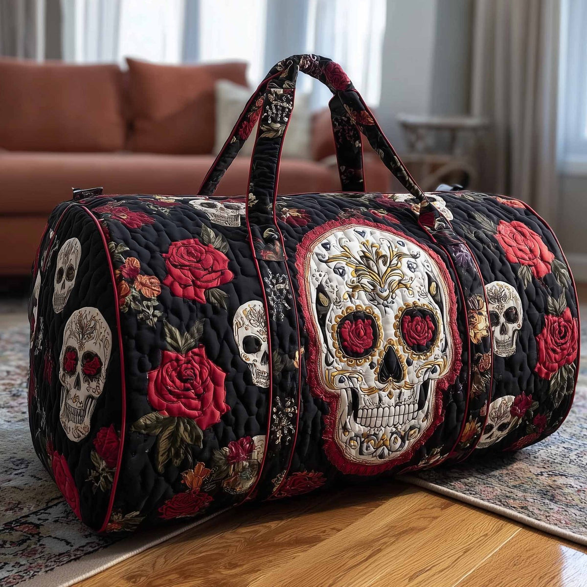 Floral Skull Quilted Duffle Bag printed duffle bag