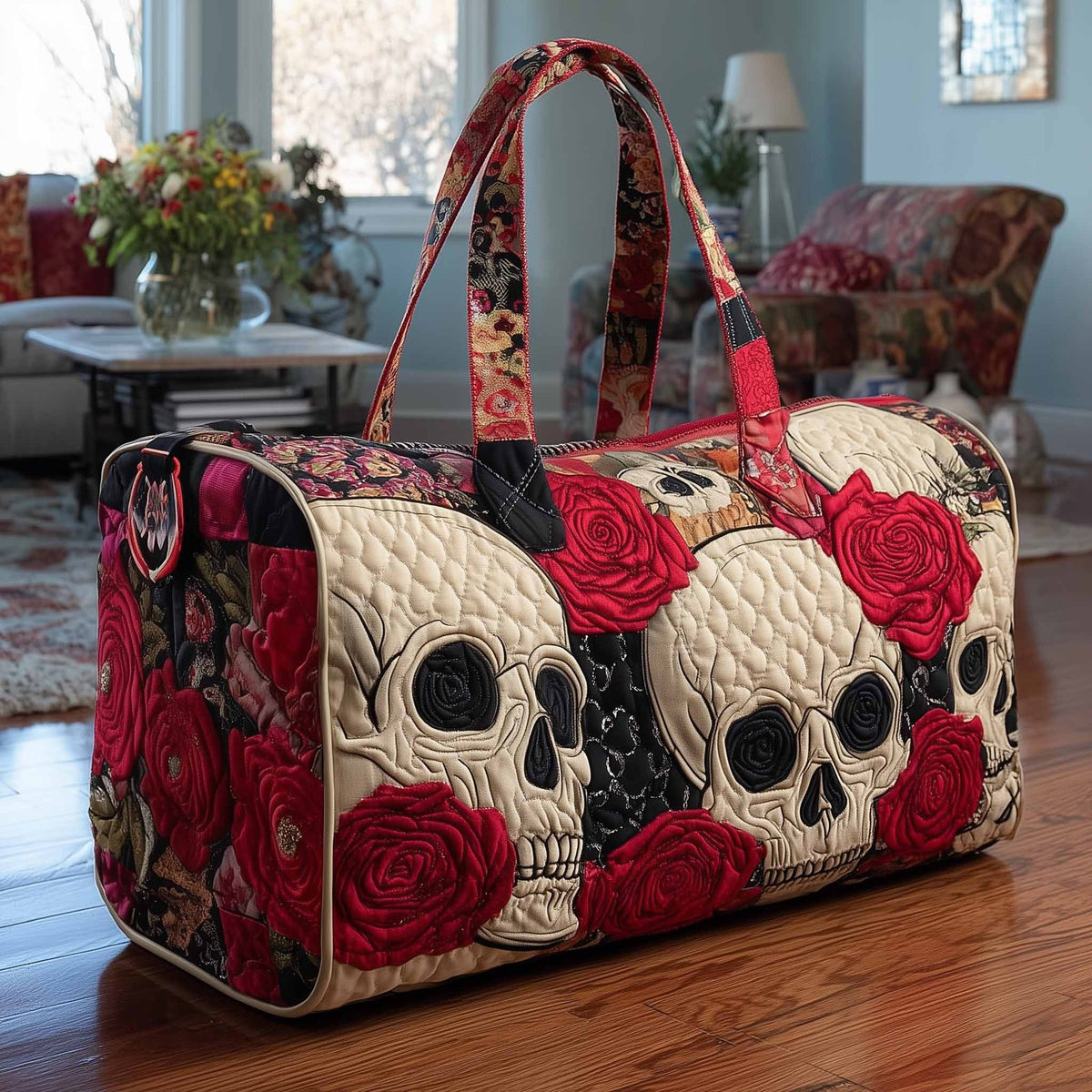 Floral Skull Quilted Duffle Bag printed duffle bag