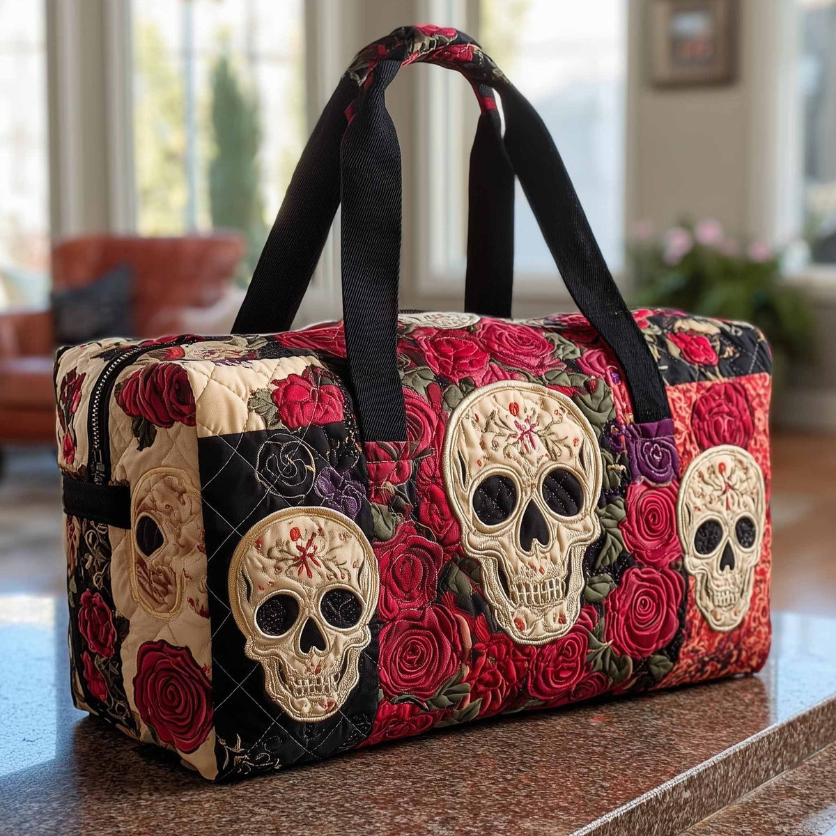Floral Skull Quilted Duffle Bag printed duffle bag