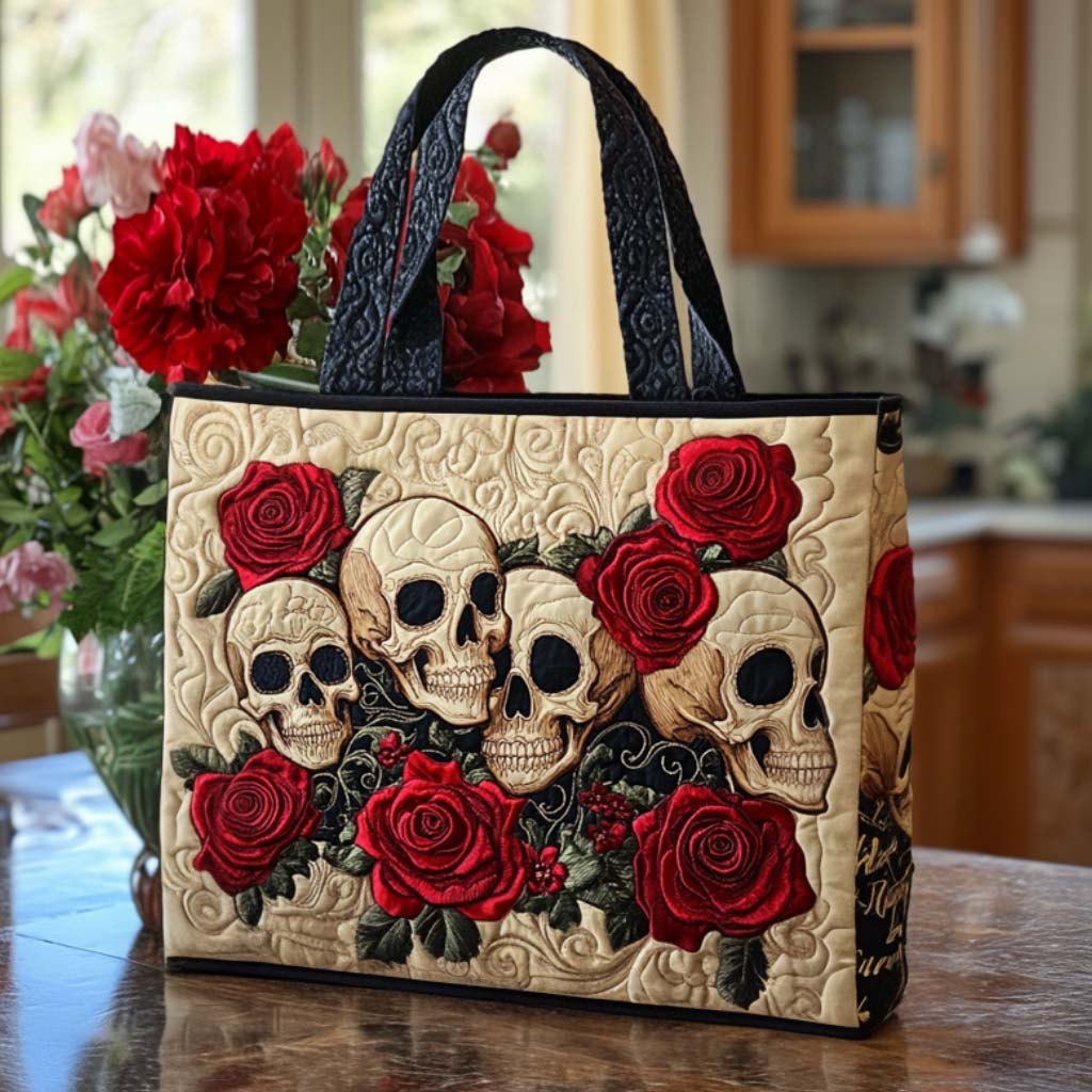 Floral Skull Quilted Tote Bag printed tote bag