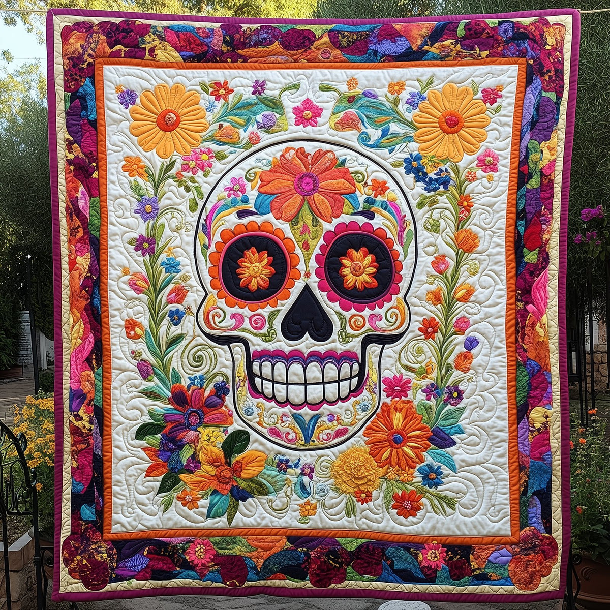 Floral Sugar Skull Quilted Blanket printed blanket