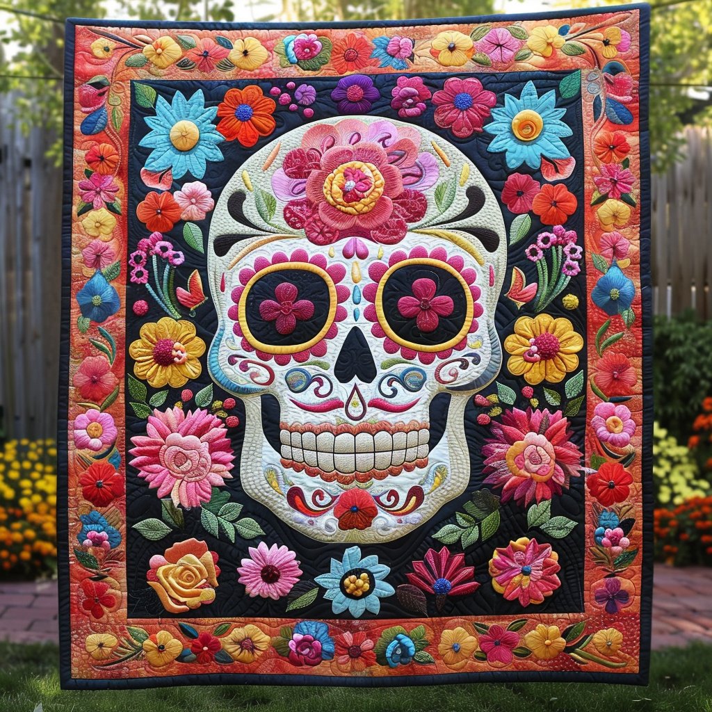 Floral Sugar Skull Quilted Blanket printed blanket
