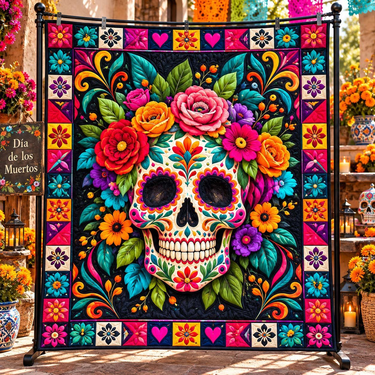 Floral Sugar Skull Viva Calavera Quilted Blanket printed blanket