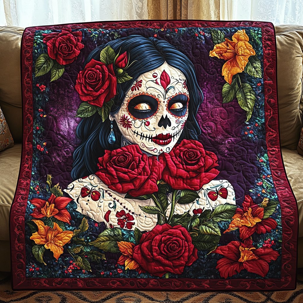Flower Crown Skull Quilted Blanket printed blanket