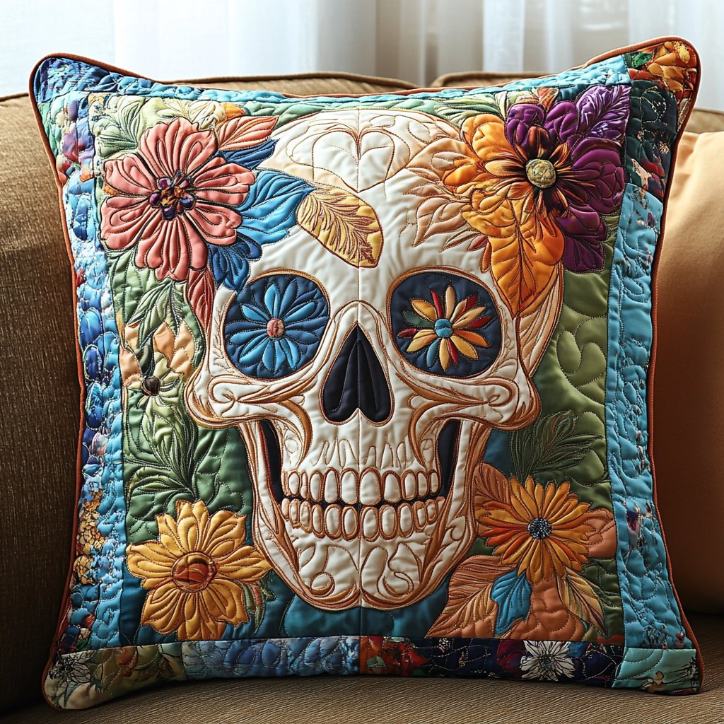 Flower Crown Skull Quilted Cushion Cover printed cushion cover