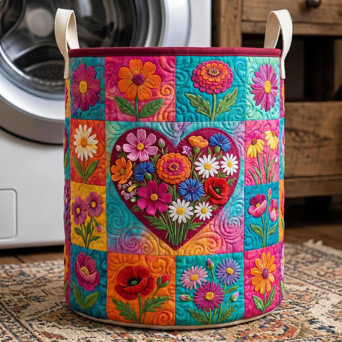 Flower Patchwork Quilted Laundry Hamper printed laundry hamper