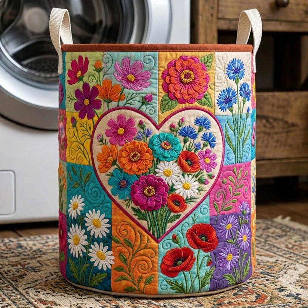 Flower Patchwork Quilted Laundry Hamper printed laundry hamper