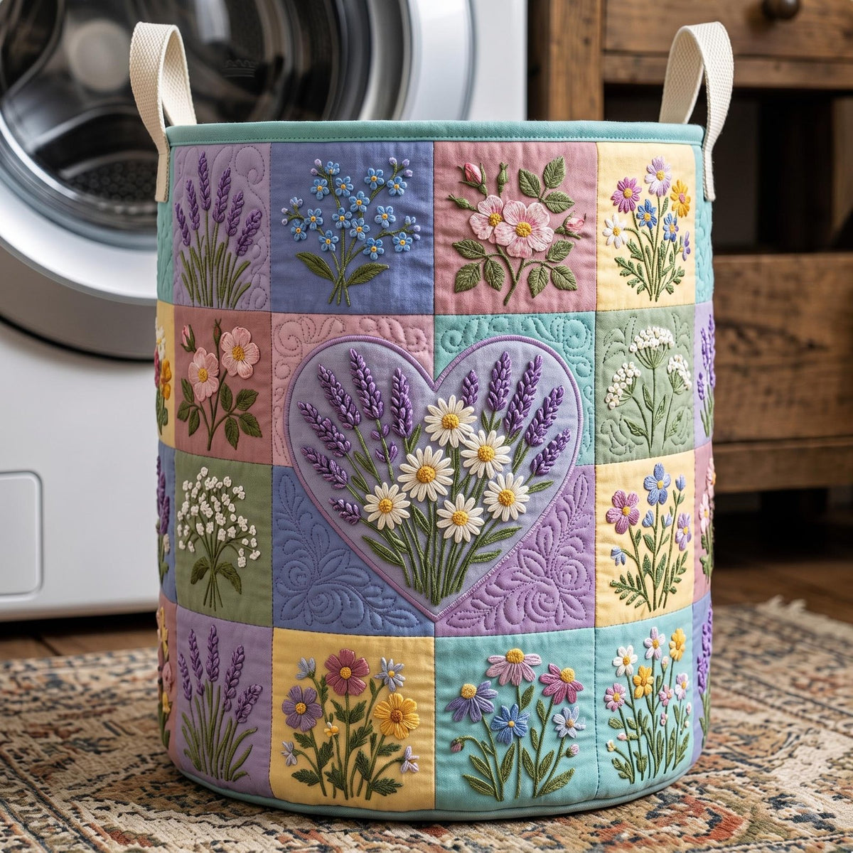 Flower Patchwork Quilted Laundry Hamper printed laundry hamper