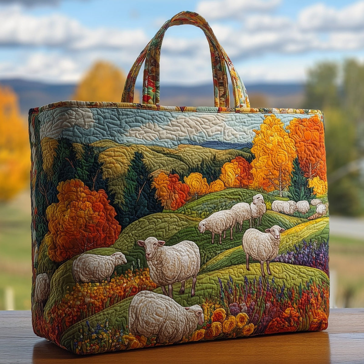 Fluffy Happy Sheep Quilted Tote Bag printed tote bag