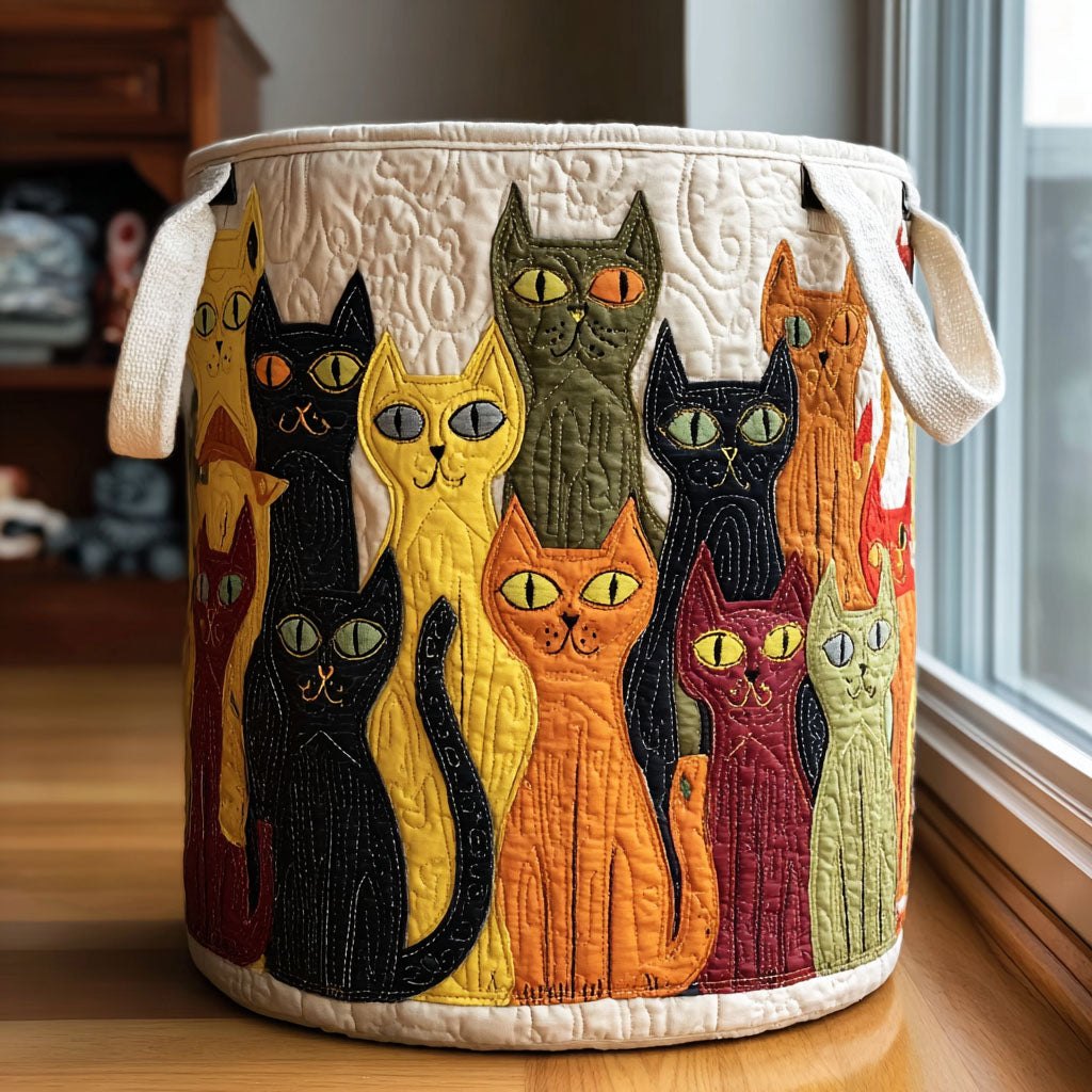 Folk Art Cat Row printed laundry hamper