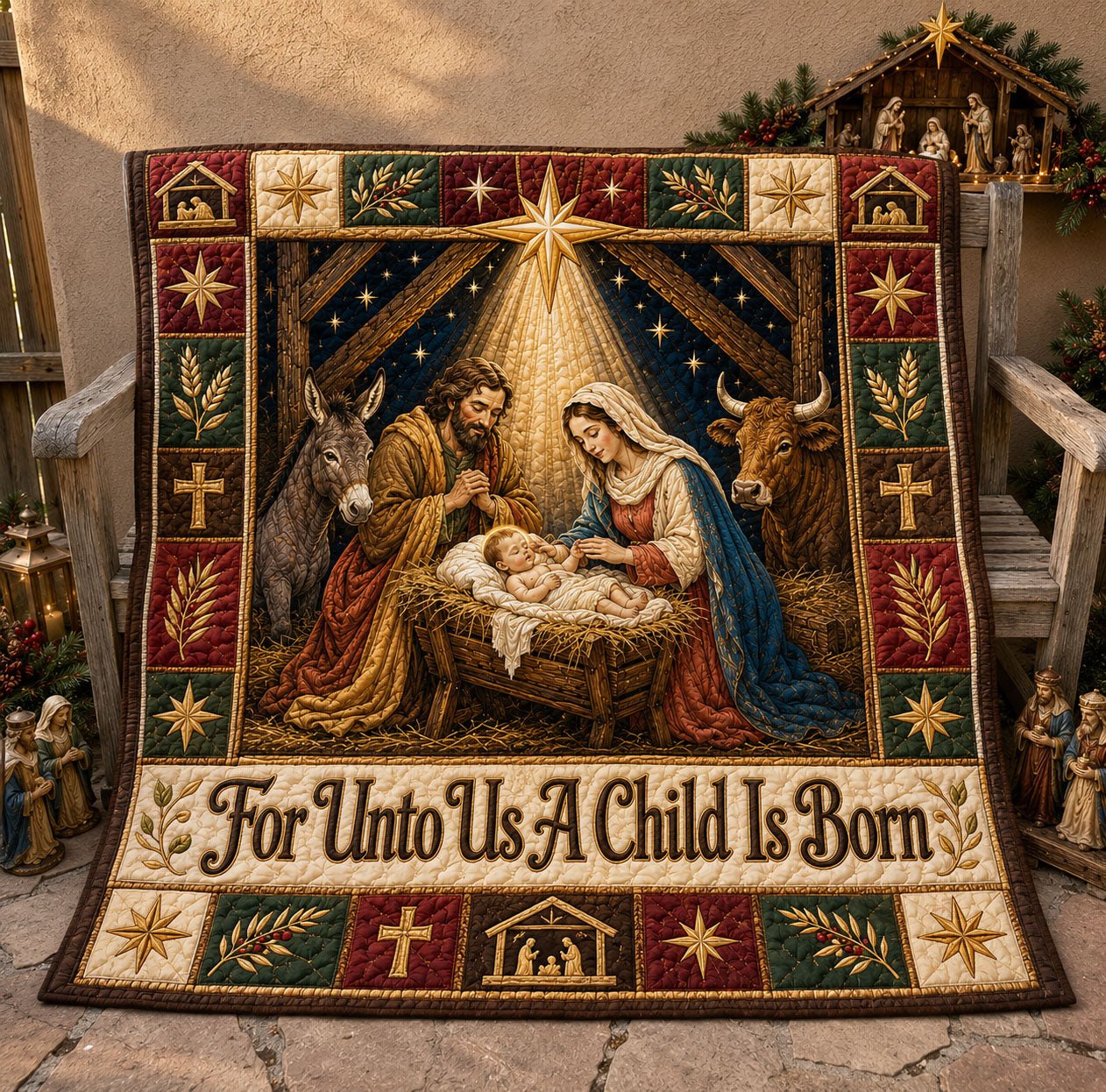 For Unto Us A Child Is Born Quilted Blanket printed quilt blanket
