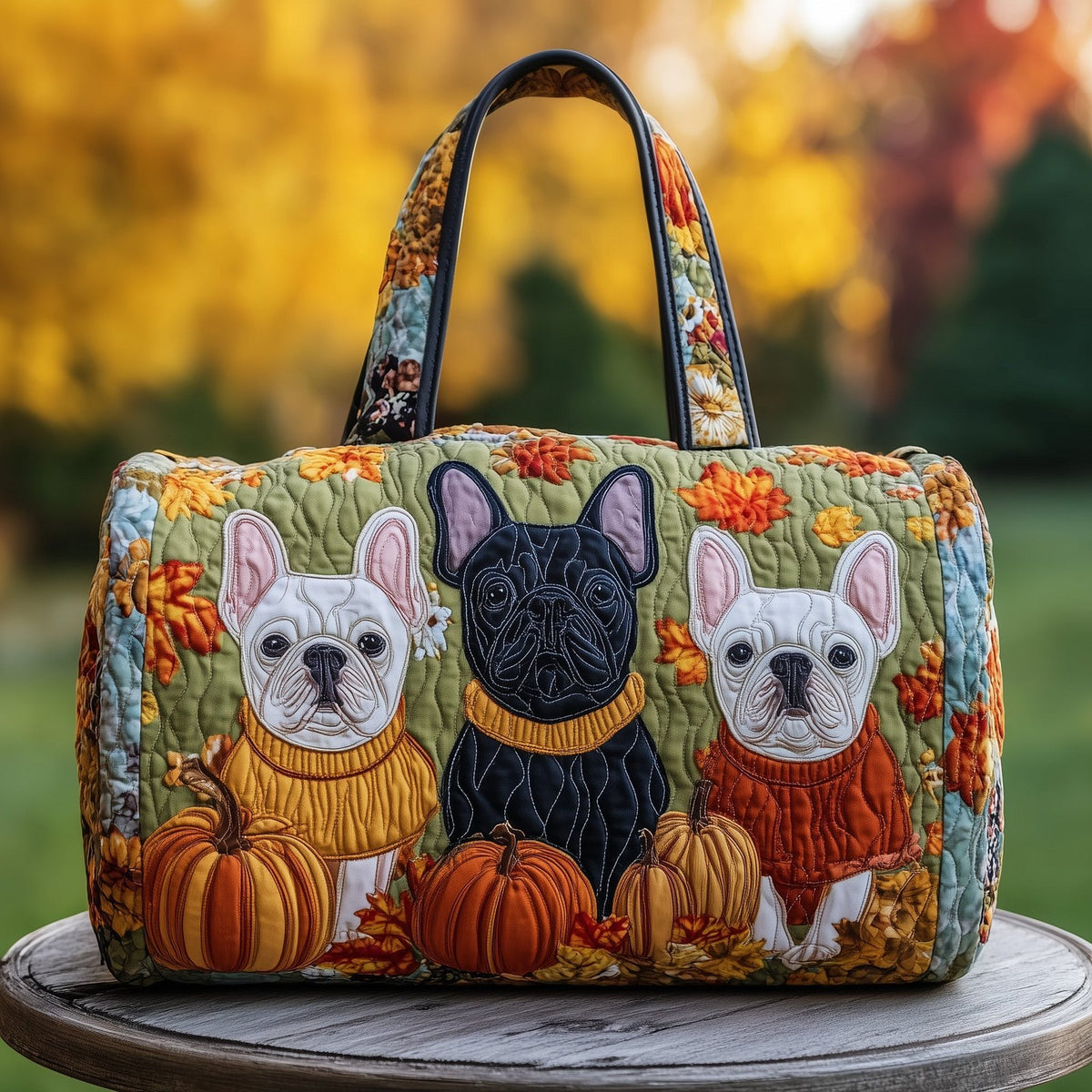 Frenchie Charm Quilted Duffle Bag printed duffle bag