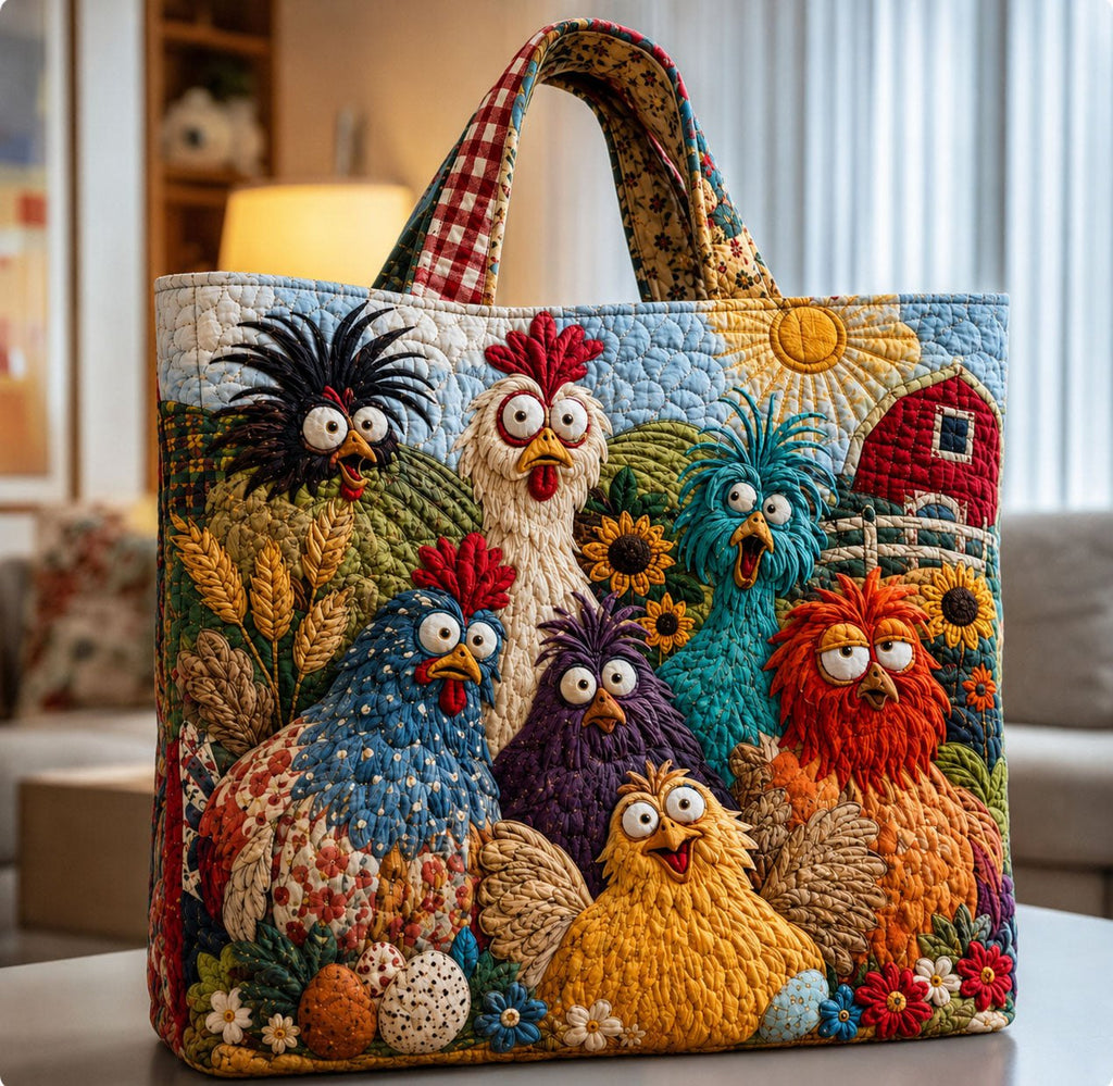 Funky Chicken Quilted Tote Bag printed quilted tote bag
