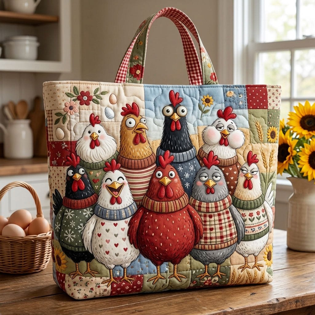 Funky Chicken Quilted Tote Bag printed quilted tote bag